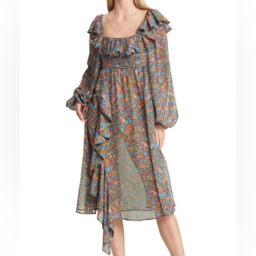 NEW For Love & Lemons BRITTANY Floral Long Sleeve Midi Dress Size Small